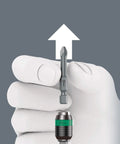 Hand demonstrating Rapidaptor Universal Bit Holder with Quick Release Chuck for One Quarter Inch Hex Drives and Power Bits two inch long.