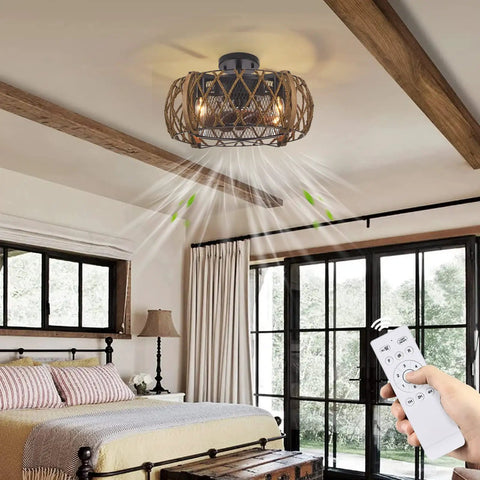 Industrial Farmhouse 17 Inch Black Caged Ceiling Fan With Remote Light Kit in bedroom setting with wood beams and window view.