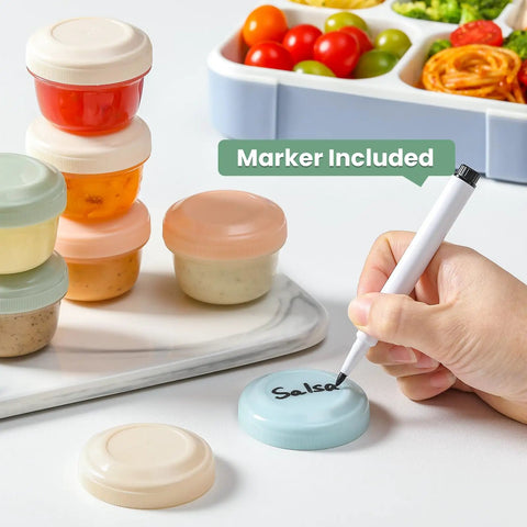 Eight Pack 2 Oz Salad Dressing Containers To Go With Lids For Lunch Boxes And Bento, colorful lids, marker writing 'Salsa'