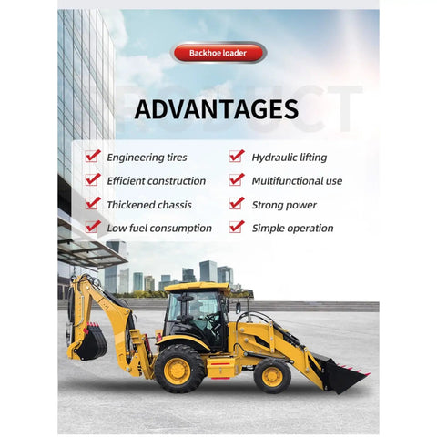 Backhoe Loader Combo With 4WD Power, 2.6m Digging Depth, yellow tractor excavator with loader bucket displayed on construction site