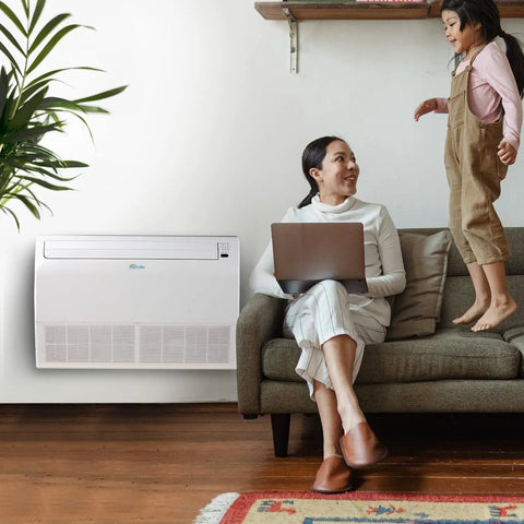 Built Different Pro Grade Floor And Ceiling Mount Mini Split AC Heat Pump 24000 Btu DC Inverter System in a living room setting.