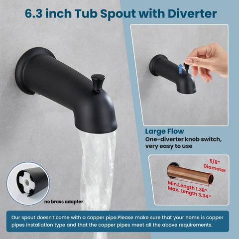 Rock Solid Matte Black Tub And Shower Faucet Set With Internal Valve Six Spray Handheld Head For Smooth Bathroom Upgrades And Hassle Free Daily Use tub spout with diverter, black finish, 6.3 inches, water flowing.