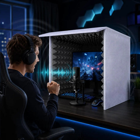 28 Inch Foldable Portable Vocal Recording Booth Featuring High Density Acoustic Foam Panels, in use for podcasting with headphones.