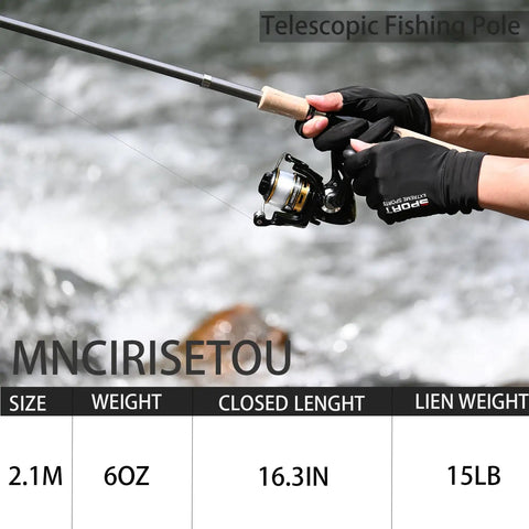 Close-up of gloved hands holding a telescopic fishing pole, showcasing reel details and specifications overlay.