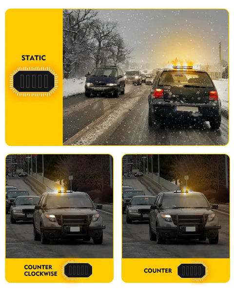 Slick 42 Led Roof Top Strobe Beacon Light Bar Brings The Heat illuminating vehicles on a snowy road in static mode.