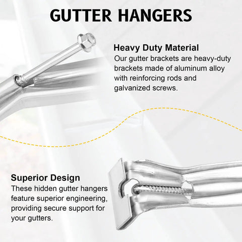 Close-up of Five Inch Gutter Hangers Kit With Pre Installed Quick Screws and hidden bracket for K-style aluminum gutters.