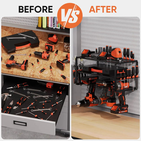 Before and after of Heavy Duty Tool Organizer Rack For Garage Wall Mounted Drill Storage With Charger Shelf 100lbs Weight Capacity