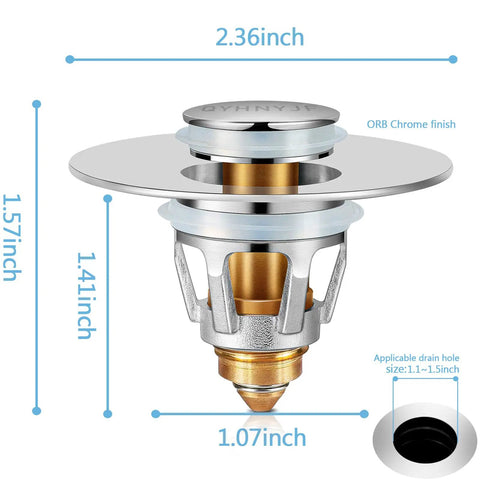 Diagram showing dimensions of Silver Bathroom Sink Stopper With Hair Catcher Two In One Drain Strainer for standard sink holes.