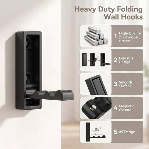 Heavy Duty Folding Wall Hook in Matte Black, showcasing zinc alloy material and foldable design for space-saving decor.