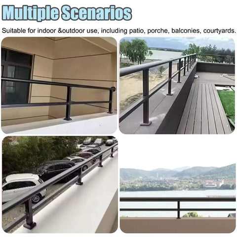 Level Up Your Outdoor Setup With This Super Sturdy Steel Balcony Railing Height Extender and Adjustable Patio Guard For Heavy Duty Deck Protection and Zero Hassle Install. Balcony view showing black steel railing with flat top.