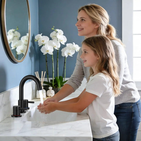 Mother and daughter using Black 8 Inch Widespread Bathroom Faucet For 3 Hole Sinks With Pop Up Drain, 360 Degree Swivel Two Handle Vanity Faucet