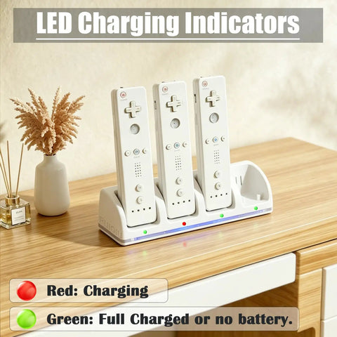 4 Port Wii Remote Charging Dock With LED Indicator on wooden table, showing charging status with three Wii remotes inserted.