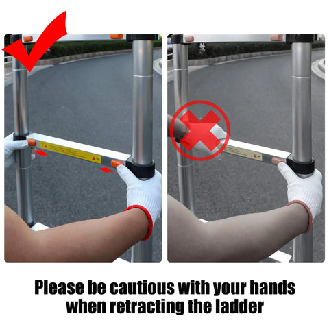 8.5ft Aluminum Telescoping Ladder For Home And Outdoor Use, showing correct and incorrect hand placement when retracting