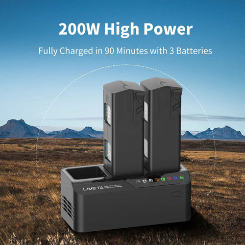 DJI Mavic 3 Pro Battery Charger Hub 200W Fast Charging Station with two batteries on rural landscape background