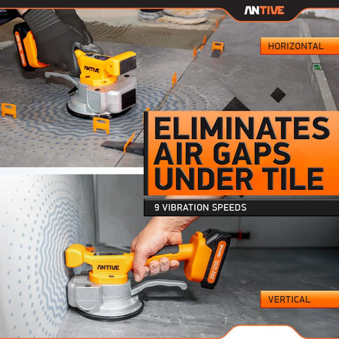 Cordless Tile Vibration Tool Kit With 9 Speeds And 110 Lb Suction Cup, shown in horizontal and vertical positions, on tile surface
