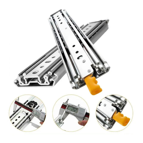 Slick Full Extension Drawer Slides For Kitchen Cabinets 44 Inch Side Mount Locking Runners With Quick Release Latches, metal tracks.