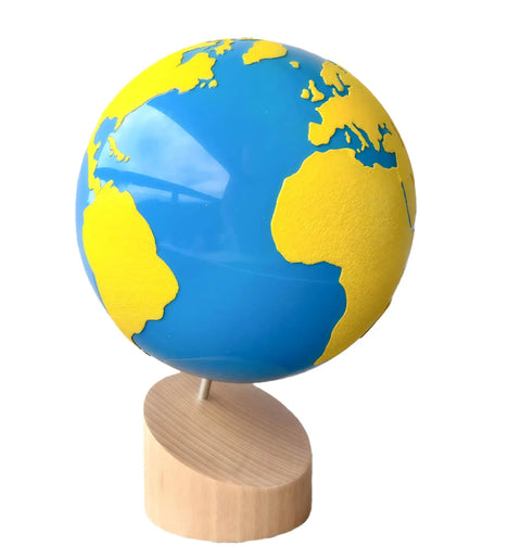 Sandpaper Globe For Sensory Geography Learning Land And Water Tactile Globe In Solid Beechwood with continents highlighted