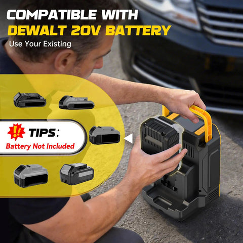 User attaching battery to Ultra Fast 160PSI Cordless Air Pump With Dewalt 20V Battery Compatibility, portable tire inflator.