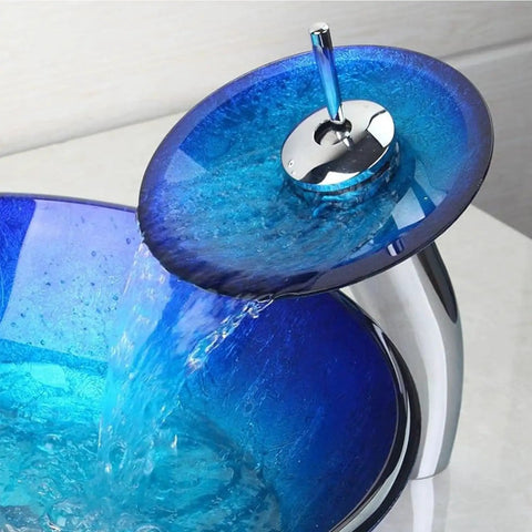 Slick Blue Countertop Bathroom Vessel Sink With Waterfall Faucet Round Glass Vessel Sink Combo Above Counter Design