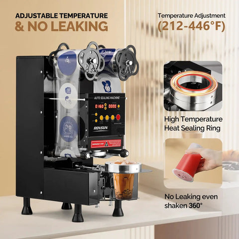 Full Auto Cup Sealing Machine With LCD Control Panel for 88 89 90 95mm Cups, Electric Boba Tea Sealer on a countertop