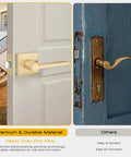 4 Pack Satin Brass Passage Door Knobs And Levers For Hall And Closet Doors, Keyless Interior Door Handles In Gold Finish on white door