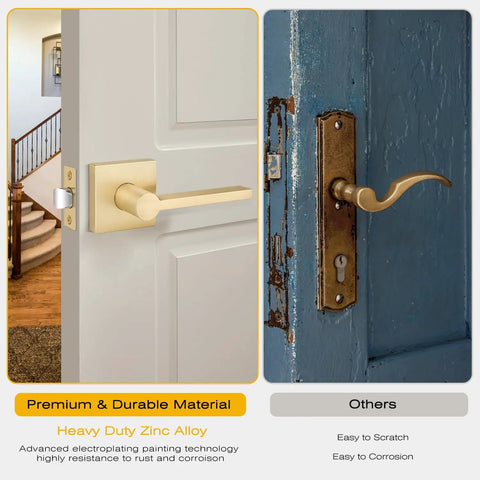 4 Pack Satin Brass Passage Door Knobs And Levers For Hall And Closet Doors, Keyless Interior Door Handles In Gold Finish on white door