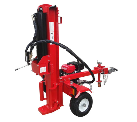 Rugged 60 Ton Gas Powered Hydraulic Log Wood Splitter With Fast Electric Start and 18 Gpm Two Stage Pump side view showcasing engine and hydraulic pump.
