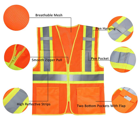 High Visibility Reflective Safety Vest With Zipper And Pockets In Orange Size M, showing breathable mesh and reflective strips