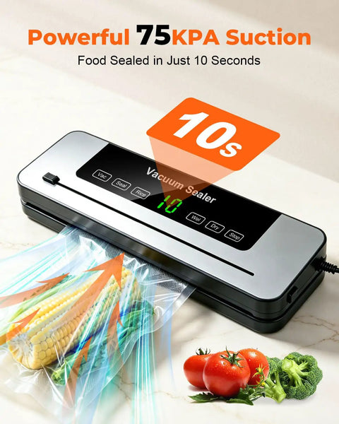 Powerful Vacuum Sealer With 75KPa Suction And Dry Moist Modes Automatic Food Sealer vacuuming corn and tomatoes.