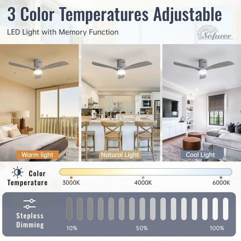 Dope 52 Inch Flush Mount Ceiling Fan With Light And Remote Control Solid Wood Gray 3 Blade Modern Farmhouse Fan For Indoor Outdoor Living Room Bedroom Patio