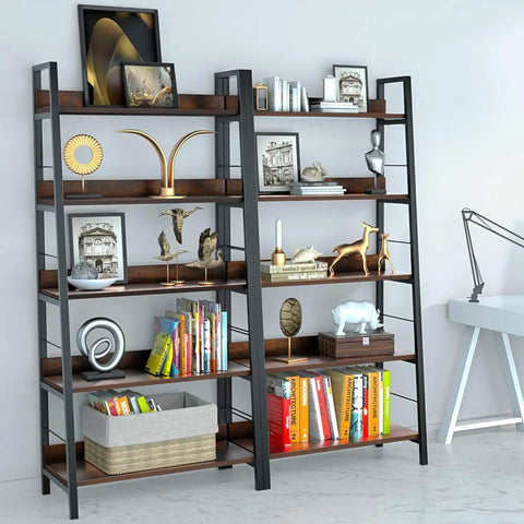 Solid Five Tier Industrial Ladder Bookshelf In Rustic Brown, Steel Frame Leaning Rack For Plants And Daily Gear, showcasing decor and books.