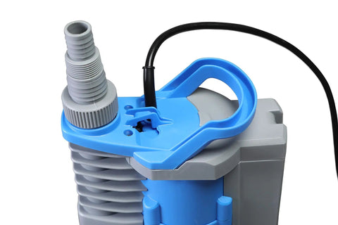 Top view of Submersible Clean Water Sump Pump One Third HP With Built In Automatic On Off And Adjustable Start Heights 1560 GPH 20 Foot Head Thermal Protector Copper Winding Hands Free Water Removal Portable Handle Heavy Duty Home And Workshop Drain Pump with blue handle and hose attachment