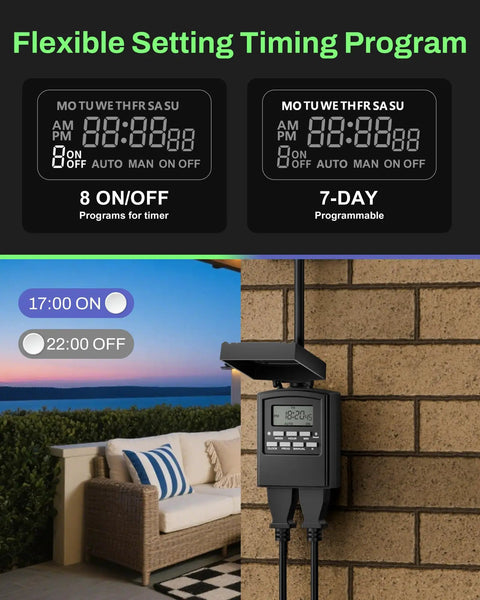 Image of Outdoor Heavy Duty Digital Programmable Timer with two grounded outlets mounted on exterior wall.