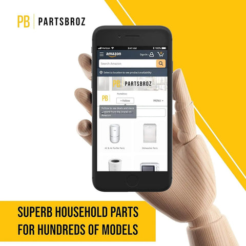 Wooden hand holding smartphone displaying Amazon product page for PartsBroz, text 'Superb Household Parts' below.