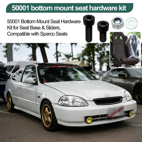 Bottom Mount Seat Hardware Kit 10 Pcs For Racing Sliders And Brackets Easy Install Compatible With Sparco Recaro Bride Momo NRG Seats Includes Bolts Washers And Nylon Lock Nuts; image shows a white car with racing seat and hardware kit.