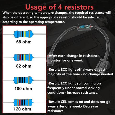 Diagram of resistors and instructions for Honda VCM harness disable kit with 68 ohm to 120 ohm resistor options.