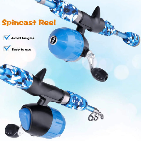 Blue camo spincast reel from Best Value All In One Kids Fishing Pole Starter Kit With Tackle Box Reel Practice Plug And Beginner Guide Plus Travel Bag For Boys And Girls Ages Three To Fifteen.