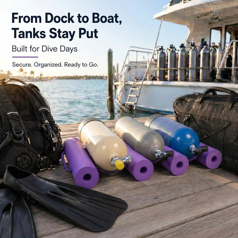 Collapsible Scuba Tank Holder With Rope Ladder Design Holds Up To 3 Air Cylinders on dock, with diving gear nearby