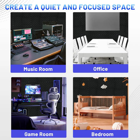 Top Shelf Heavy Duty 48 Pack Sound Proof Foam Panels High Density Acoustic Wedge Tiles used in music room and office decor.