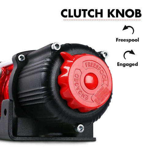 Beefy 12V 4500 Lb Electric Winch clutch knob for ATV and UTV off road adventures with freespool and engaged settings.
