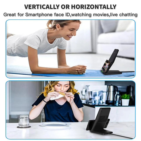 Blazing Fast 15W Wireless Charger Stand with 20W USB-C Adapter on desk, supporting vertical and horizontal phone positions