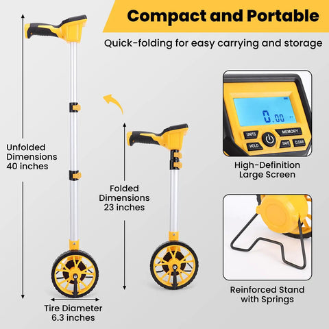 Heavy Duty Digital Measuring Wheel With Backlit Display And Folding Rollers For Surveying And Construction, compact design and large screen.