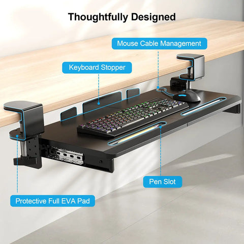 Under Desk Keyboard Tray With 60 Degree Swivel Clamp And Height Adjustment For Corner Desks, 25.6 by 11.8 inch, showing cable management and pen slot.
