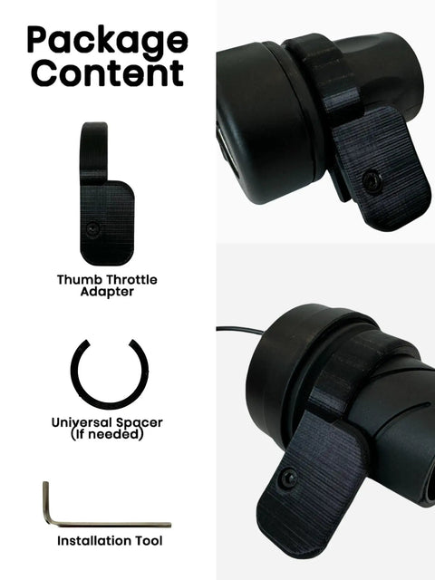 Universal Thumb Throttle Adapter for E Bikes Converts Twist to Thumb Control with a Big Paddle, shown with spacer and tool