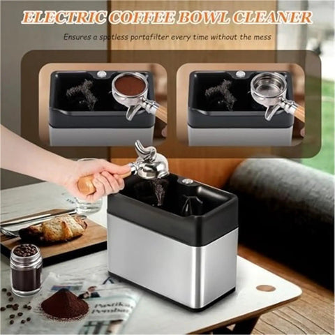No Sweat Electric Portafilter Cleaner With Quick Spin Motor And Dual Brush Heads For 58 Mm And 51 Mm Espresso Handles shown in use.