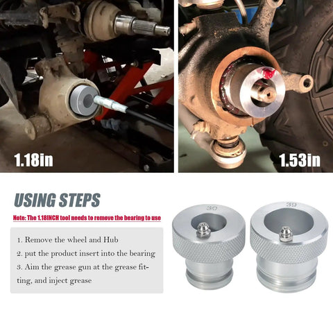 Essential Two Piece Wheel Bearing Greaser Tool Kit Featuring 30mm And 39mm Drive Adapters For UTV ATV Rig Maintenance showing grease adapters.