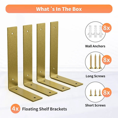 Badass Gold L Shelf Brackets, Hella Sturdy Heavy Duty Wall Mount Brackets For DIY Open Shelving, 4 pack with hardware included.