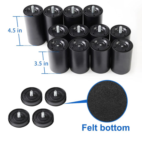 12 Inch Bed Leg Replacement Set For Adjustable Bed Frames With Felt Bottoms To Shield Your Hardwood Floors Four Thread Sizes M8 M10 And Three Eighths And Five Sixteenths Set Of Four, shown with 4.5 and 3.5 inch options and felt bottom detail