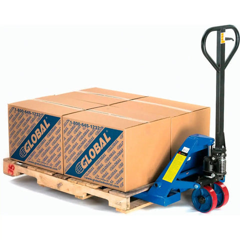 Built Tough Low Profile Pallet Jack Truck Killer Workhorse For Smooth Lifting Action And Heavy Load Handling Cuts Warehouse Grind Down Delivers Six Thousand Six Hundred Pound Capacity Without Breaking A Sweat with cardboard boxes on a wooden pallet.