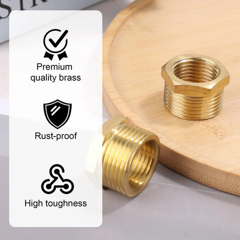 Brass reducer hex bushings, 2 pcs, 3/4 in NPT male to 1/2 in NPT female, heavy-duty pipe fittings